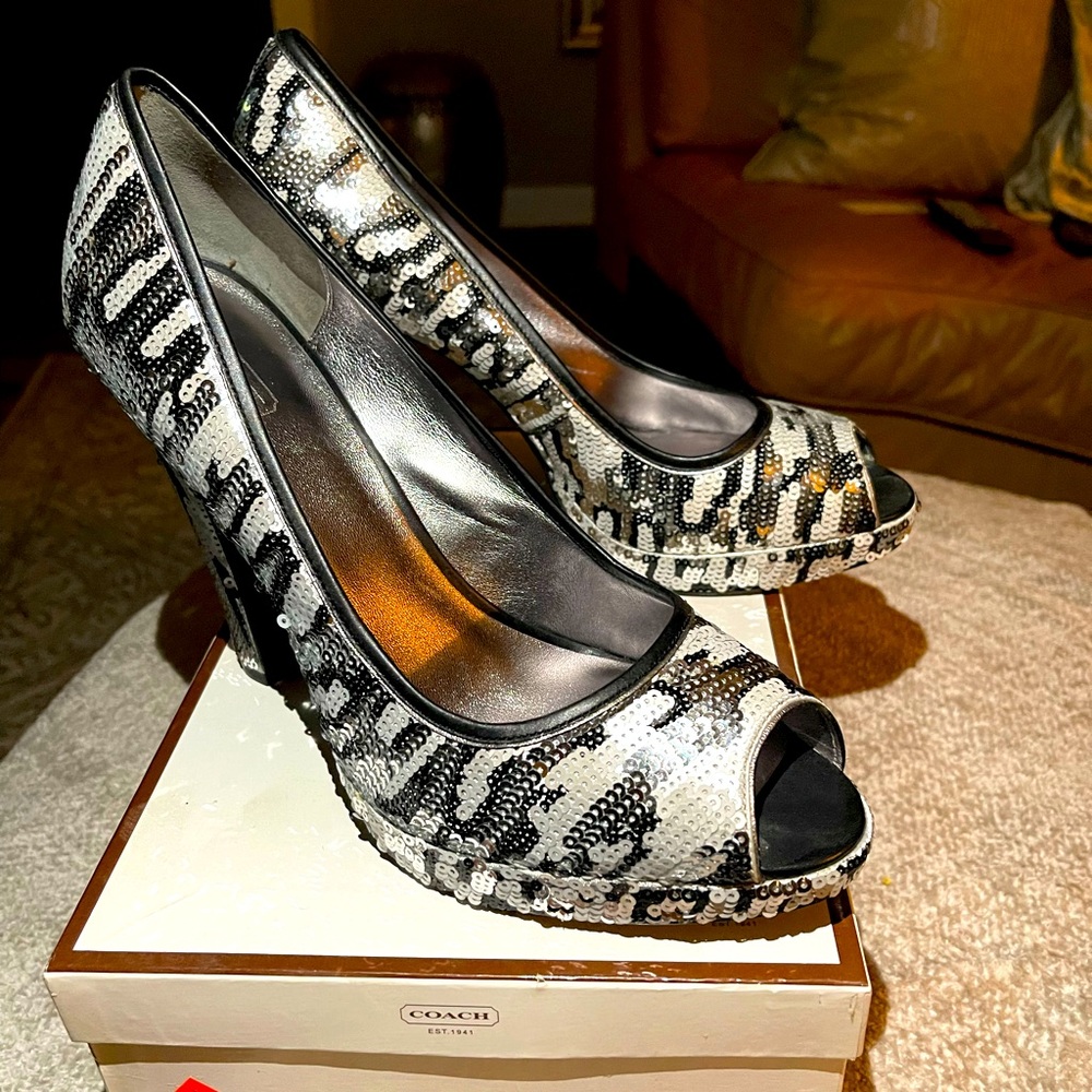 Coach sequined peep-toe heels